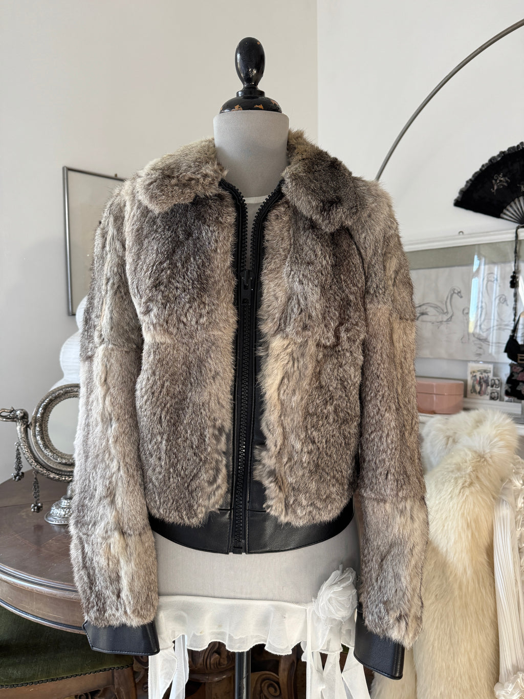 Grey Fur and Leather Bomber Jacket