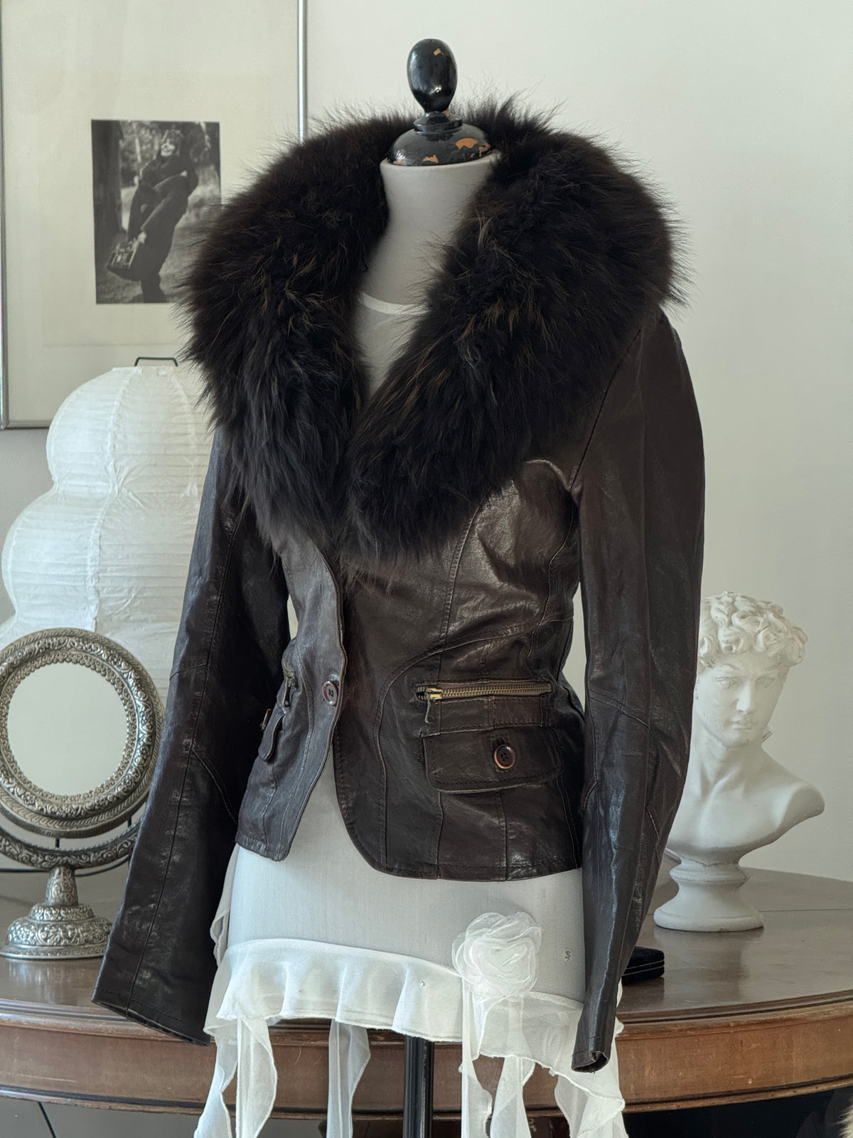 Brown Leather Jacket with Fur Collar