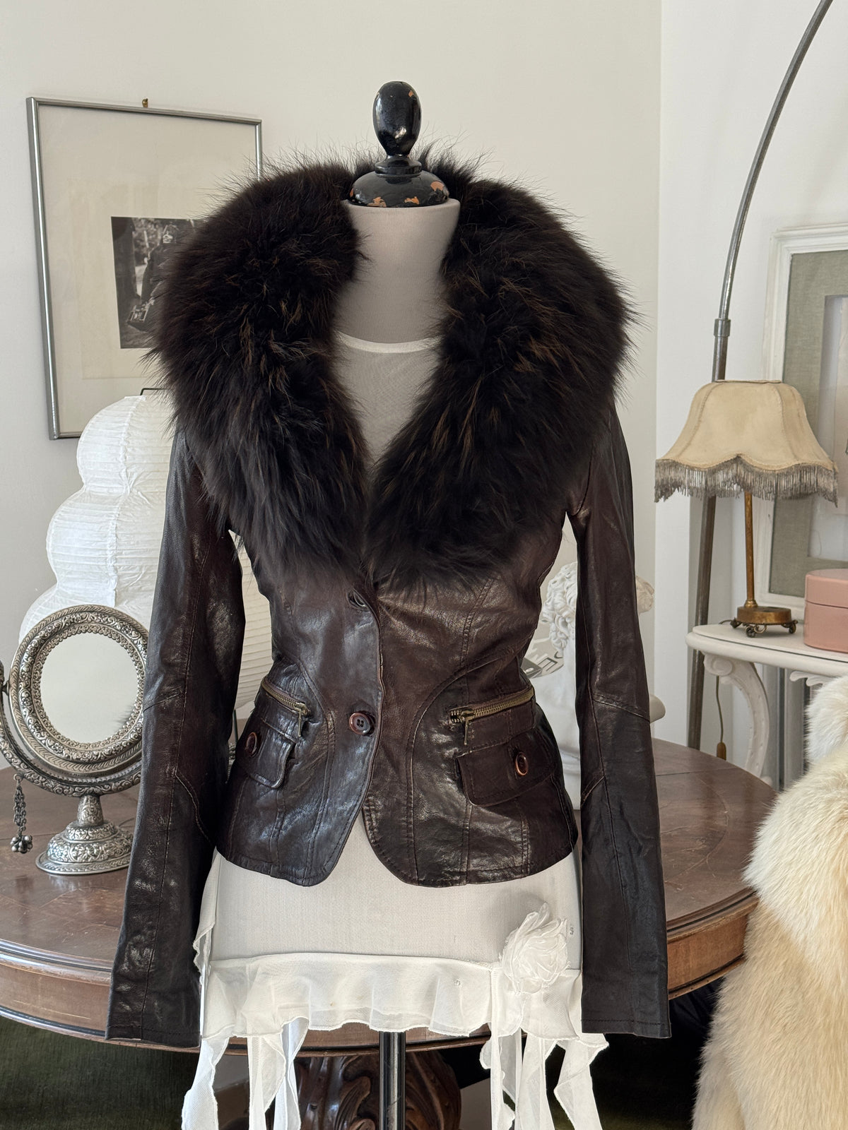 Brown Leather Jacket with Fur Collar