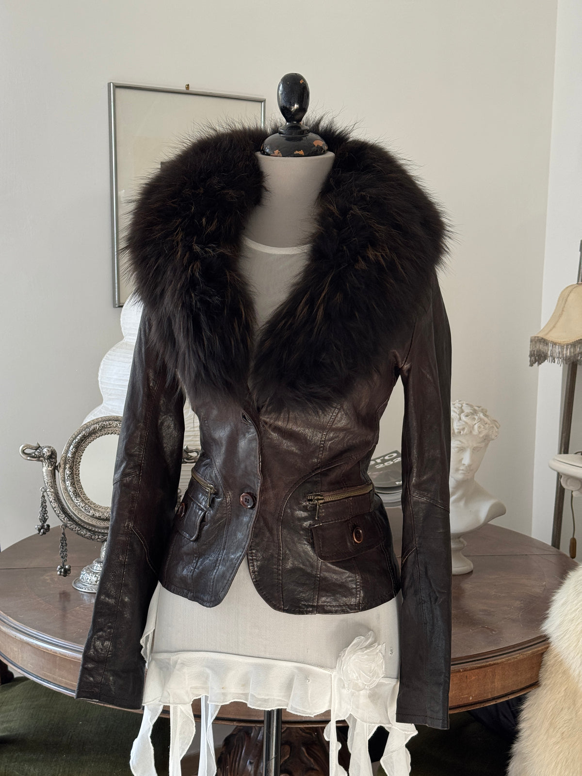 Brown Leather Jacket with Fur Collar