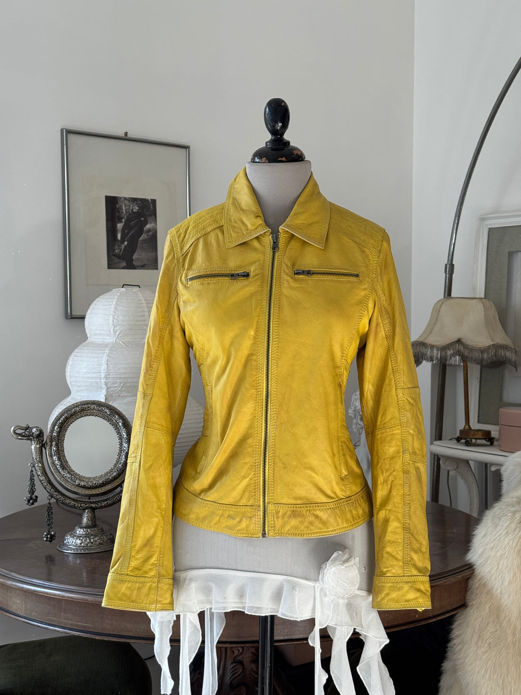 Yellow Leather Jacket in Biker Style