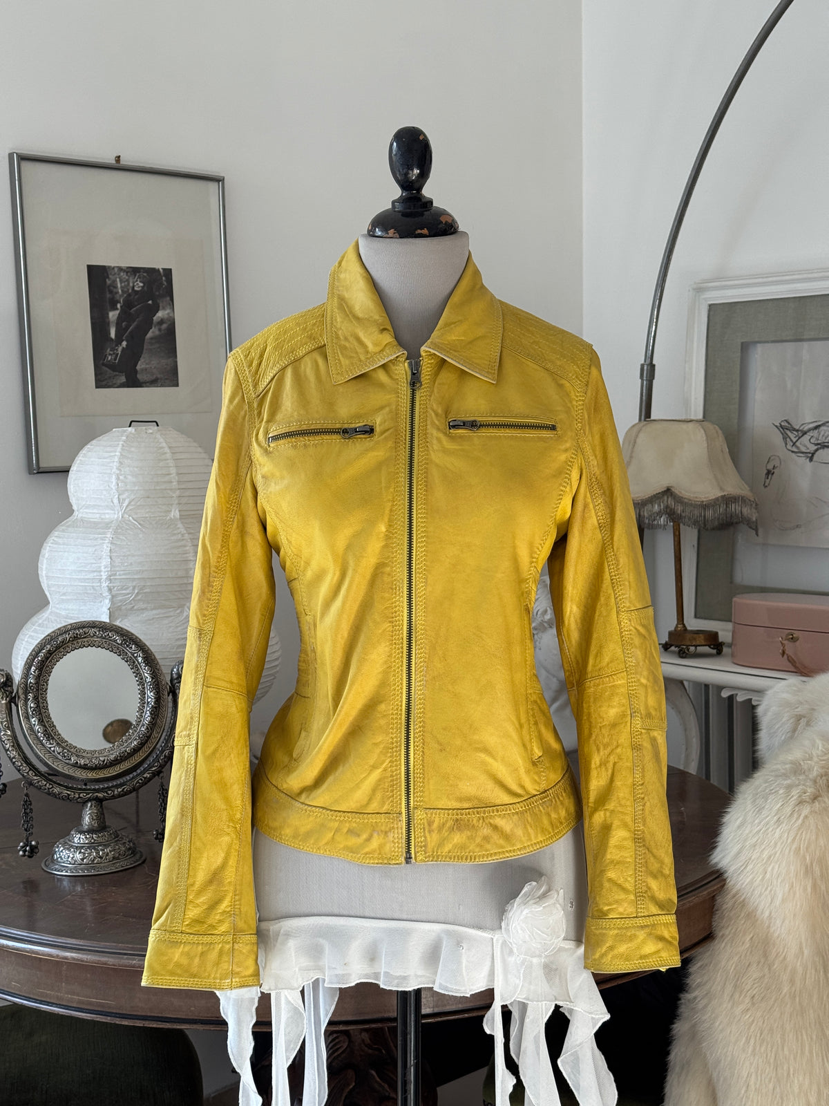 Yellow Leather Jacket in Biker Style