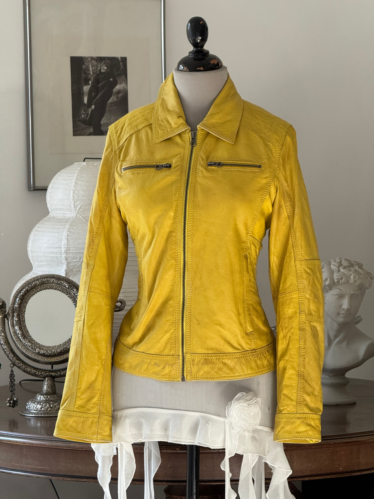 Yellow Leather Jacket in Biker Style