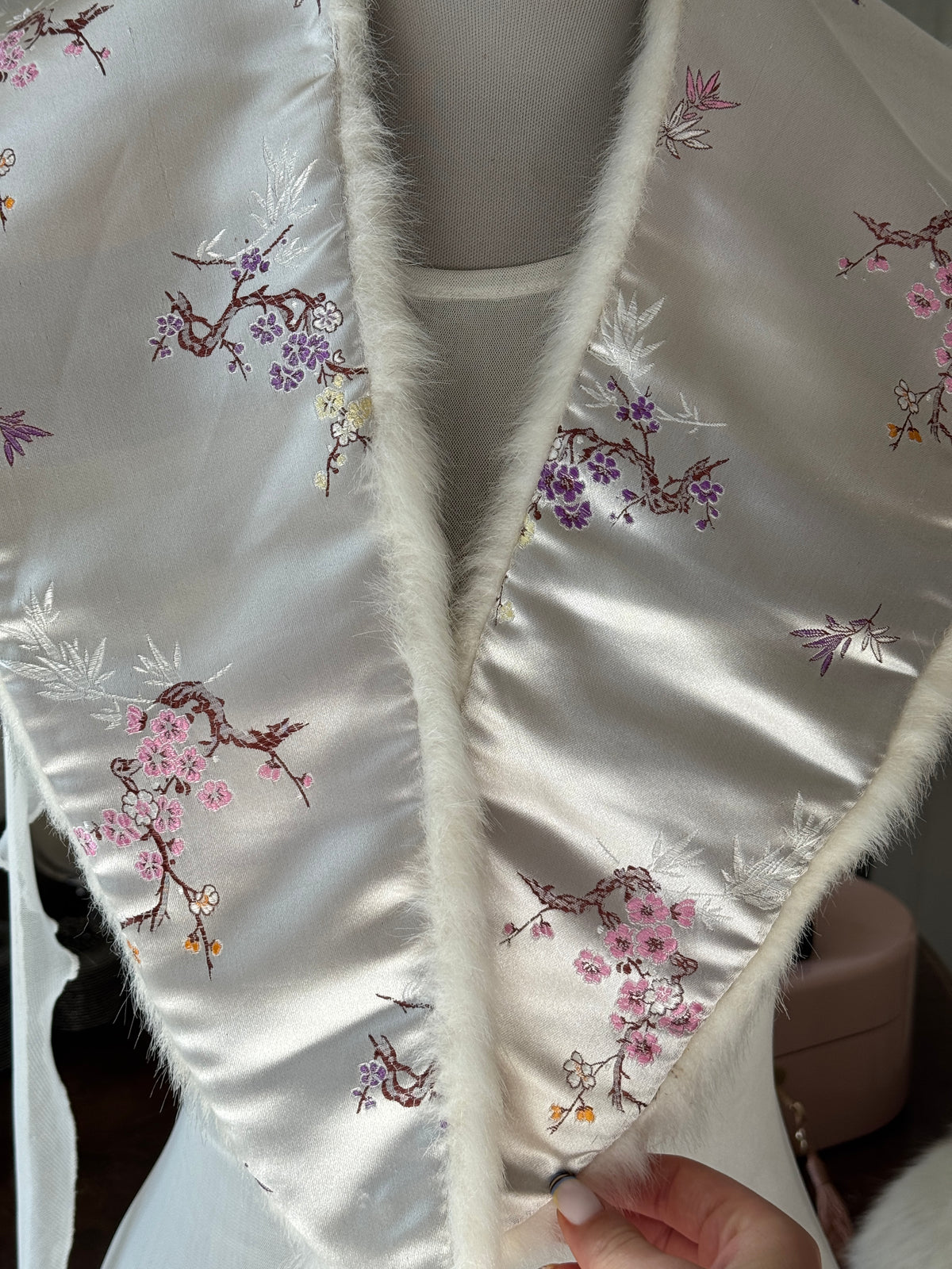 Asian Print Faux Fur Collar