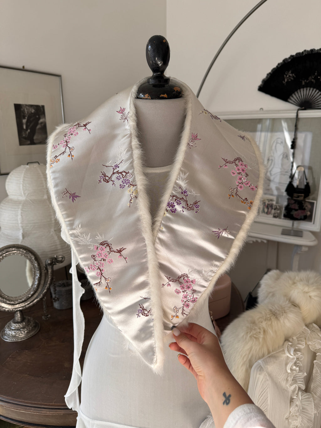 Asian Print Faux Fur Collar