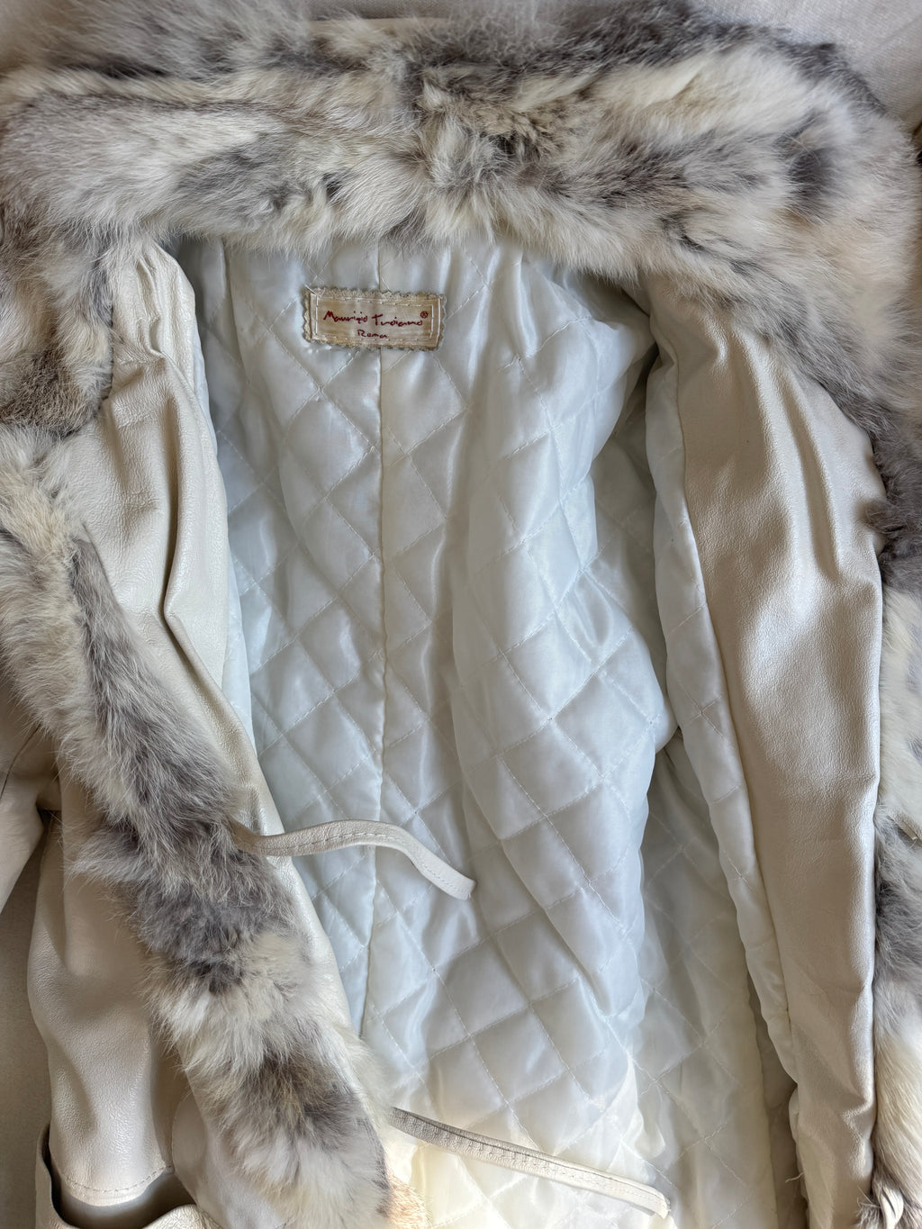 Long White Leather Coat with Fur Details
