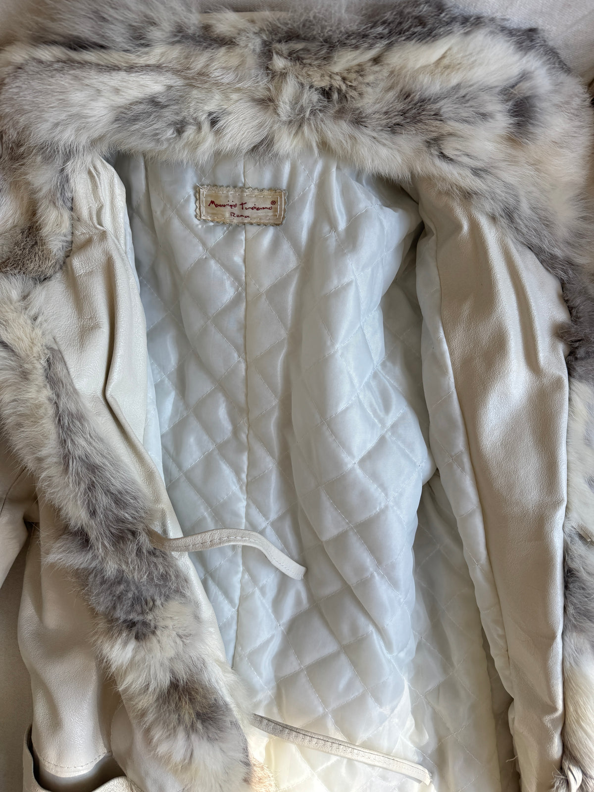 Long White Leather Coat with Fur Details