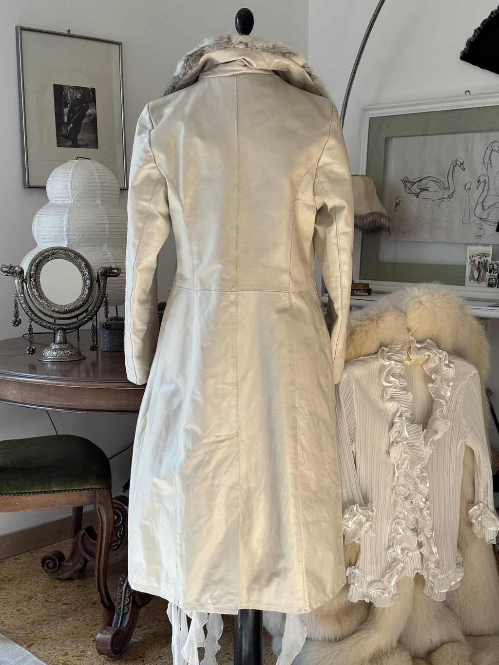 Long White Leather Coat with Fur Details