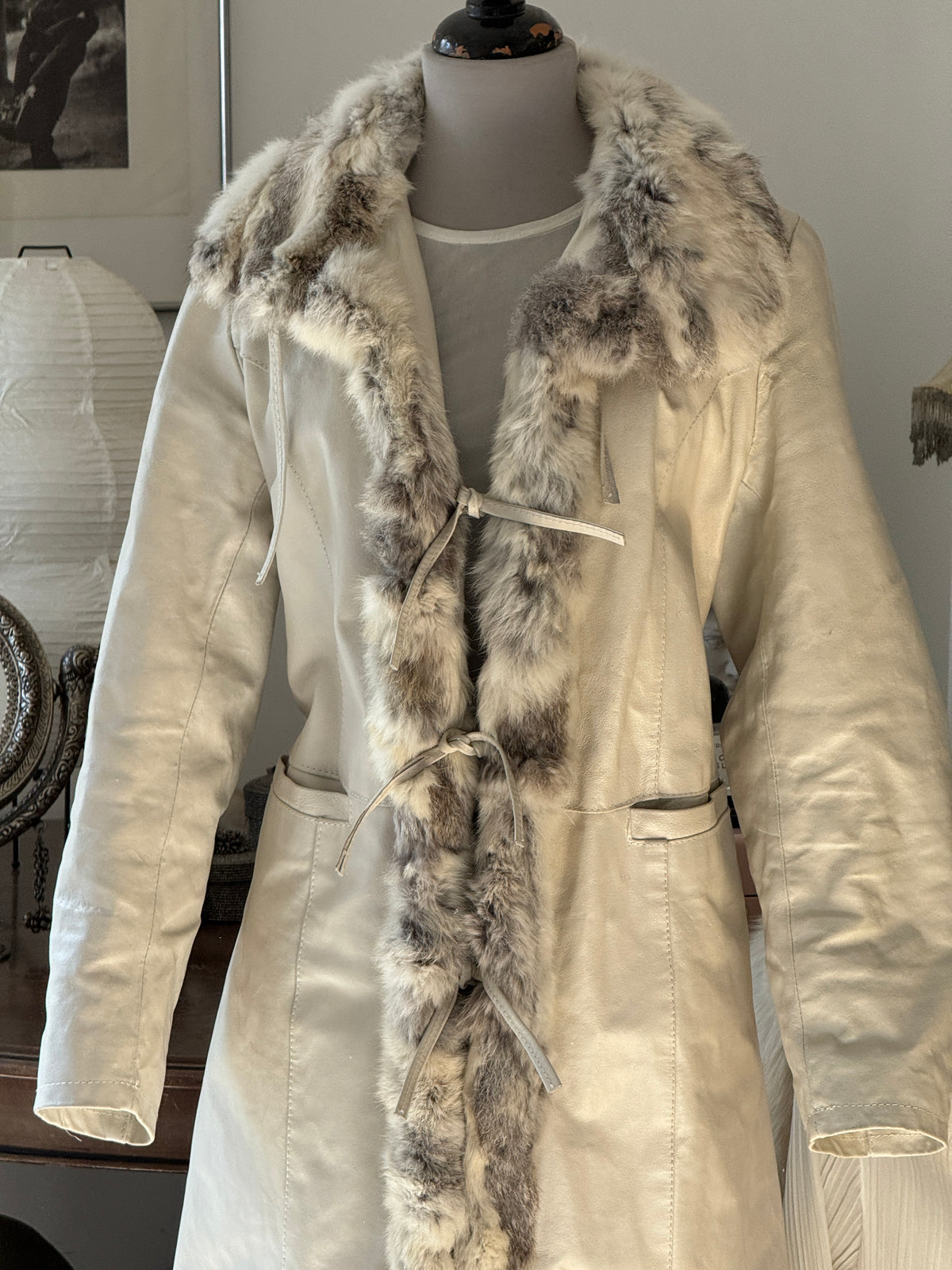 Long White Leather Coat with Fur Details