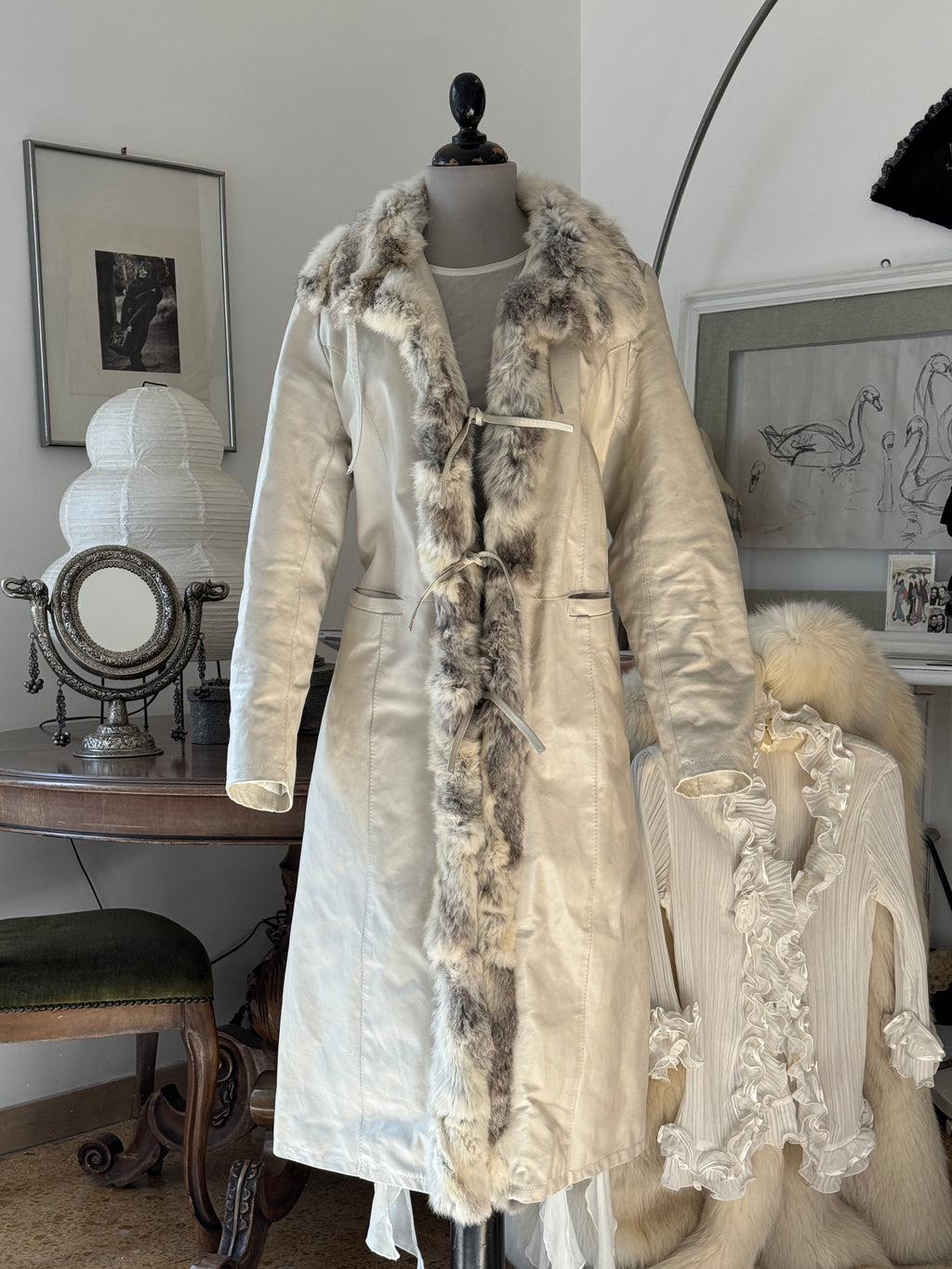 Long White Leather Coat with Fur Details