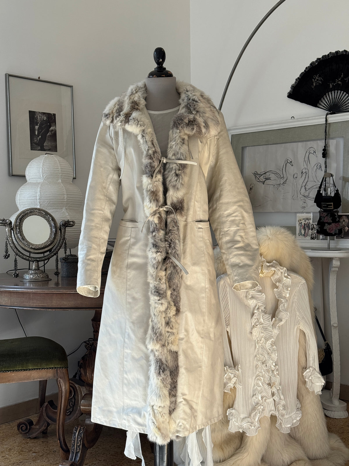 Long White Leather Coat with Fur Details