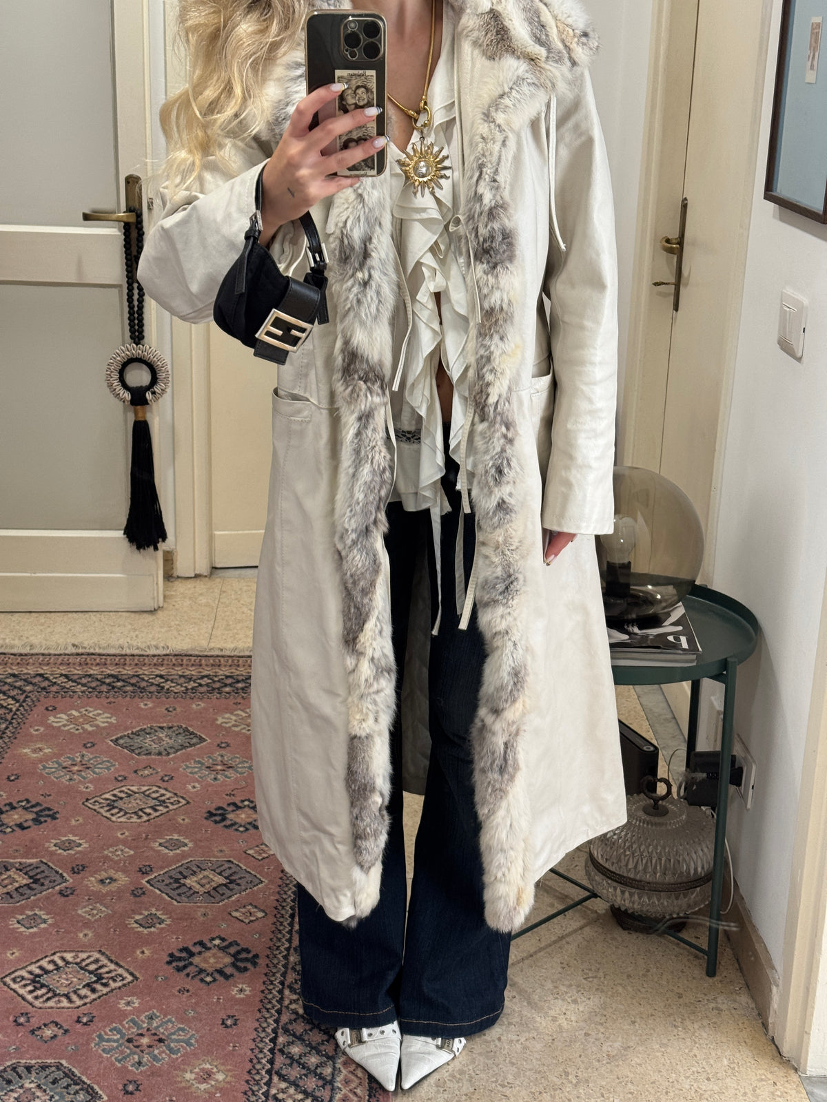 Long White Leather Coat with Fur Details