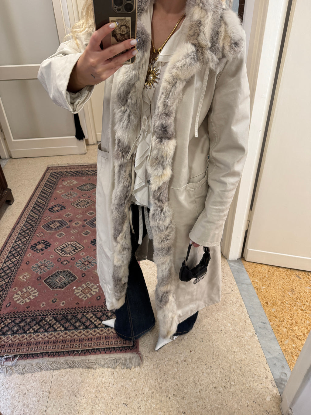 Long White Leather Coat with Fur Details