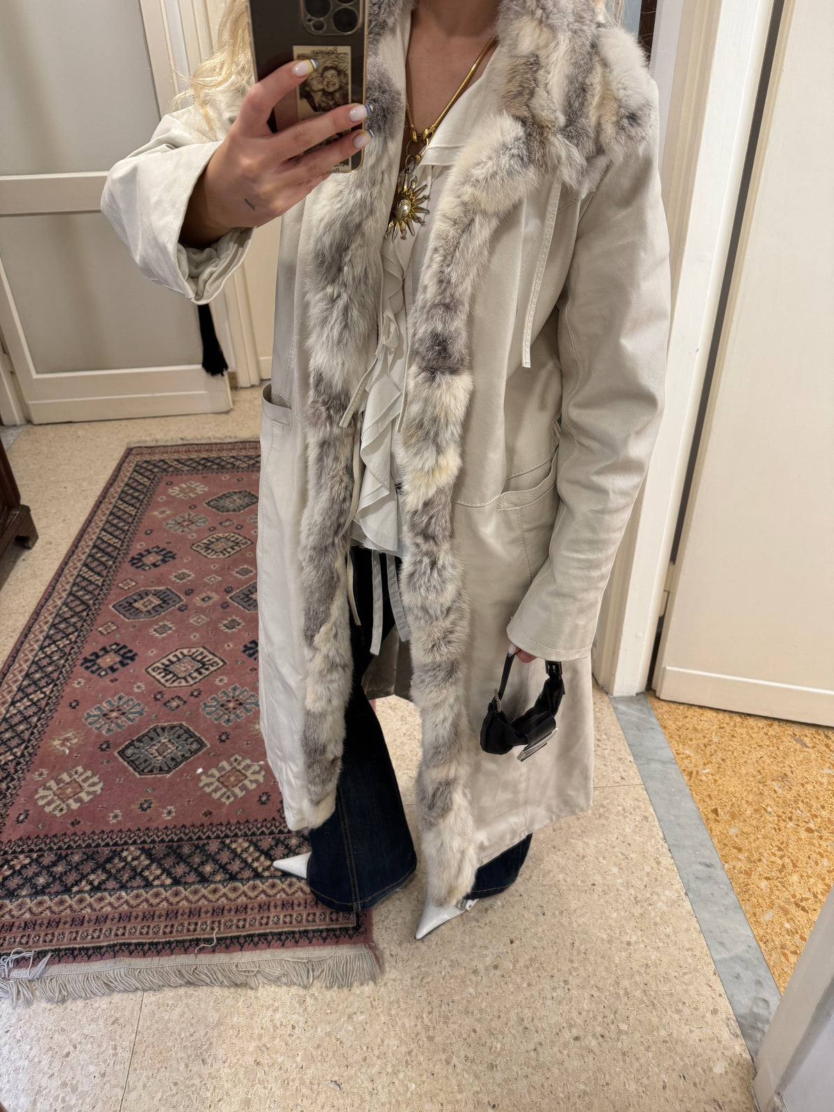 Long White Leather Coat with Fur Details