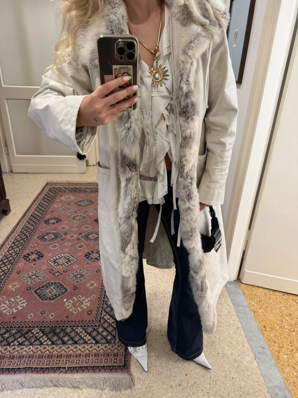 Long White Leather Coat with Fur Details
