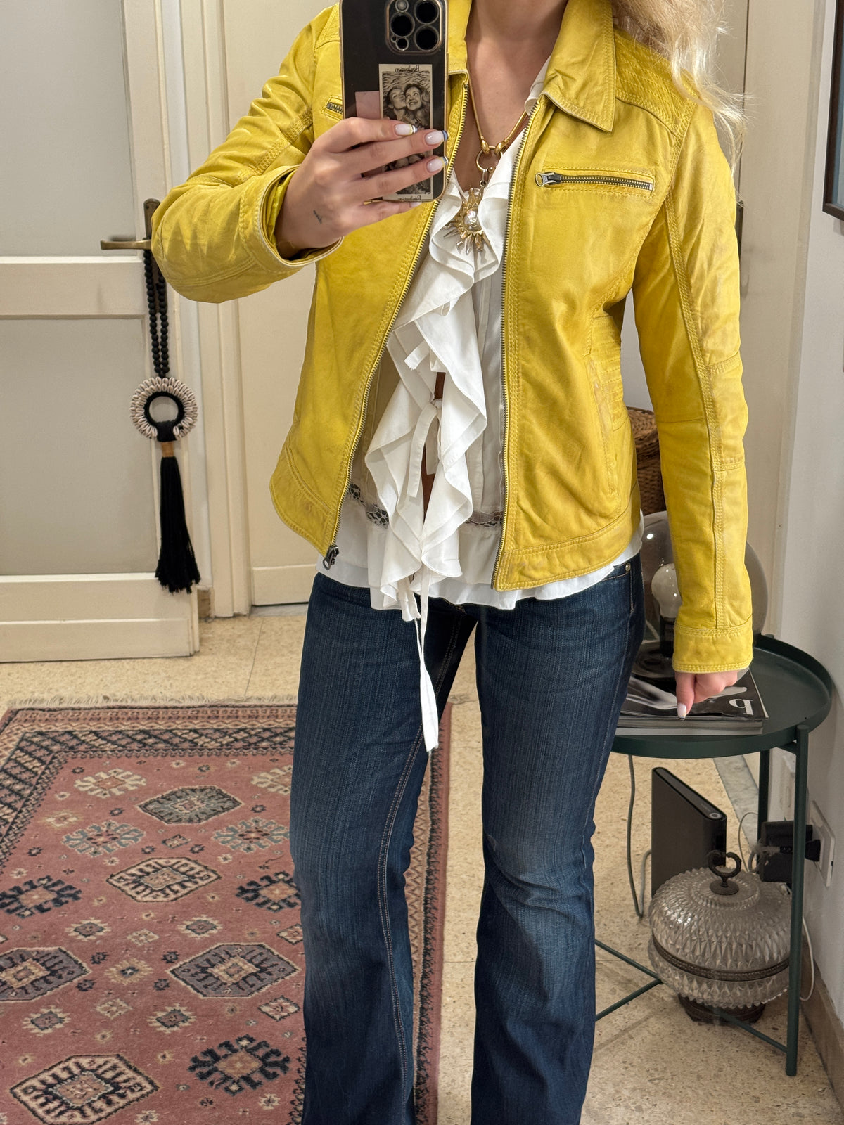 Yellow Leather Jacket in Biker Style