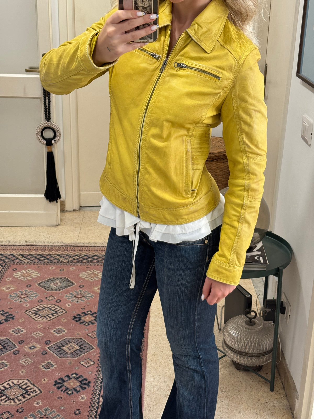 Yellow Leather Jacket in Biker Style