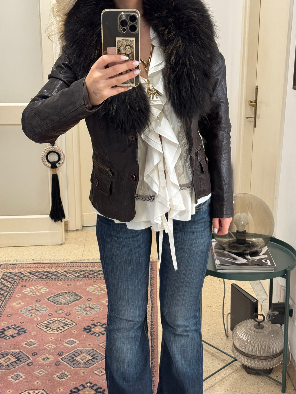 Brown Leather Jacket with Fur Collar