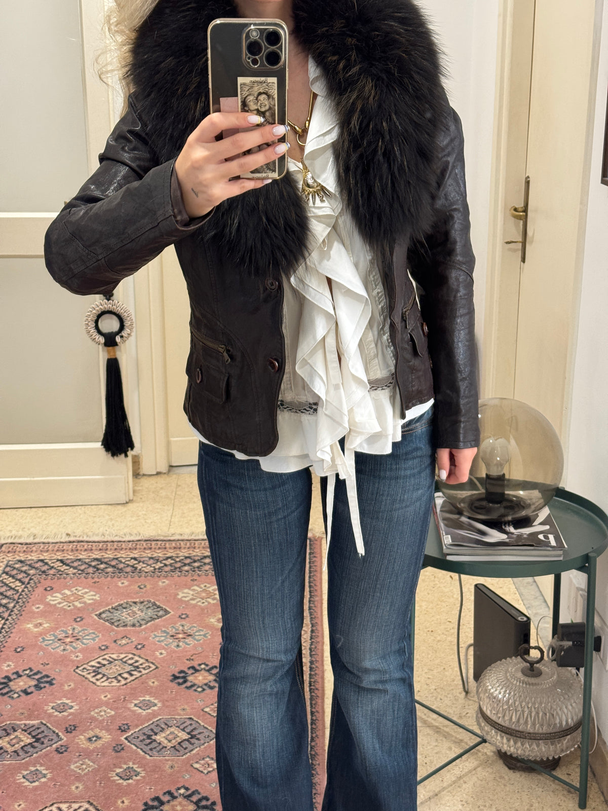 Brown Leather Jacket with Fur Collar