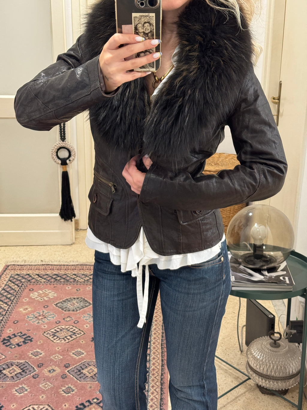 Brown Leather Jacket with Fur Collar
