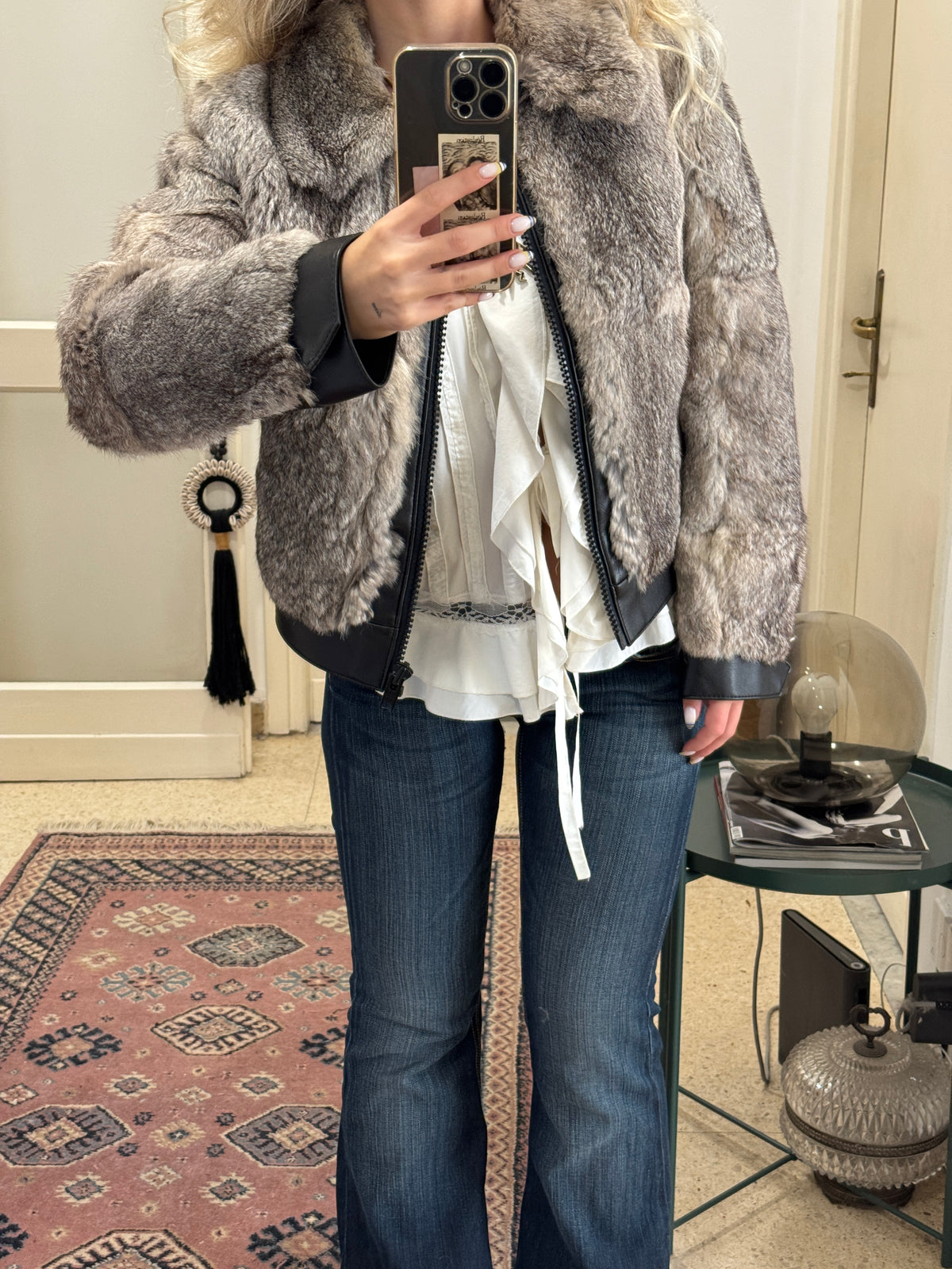 Grey Fur and Leather Bomber Jacket