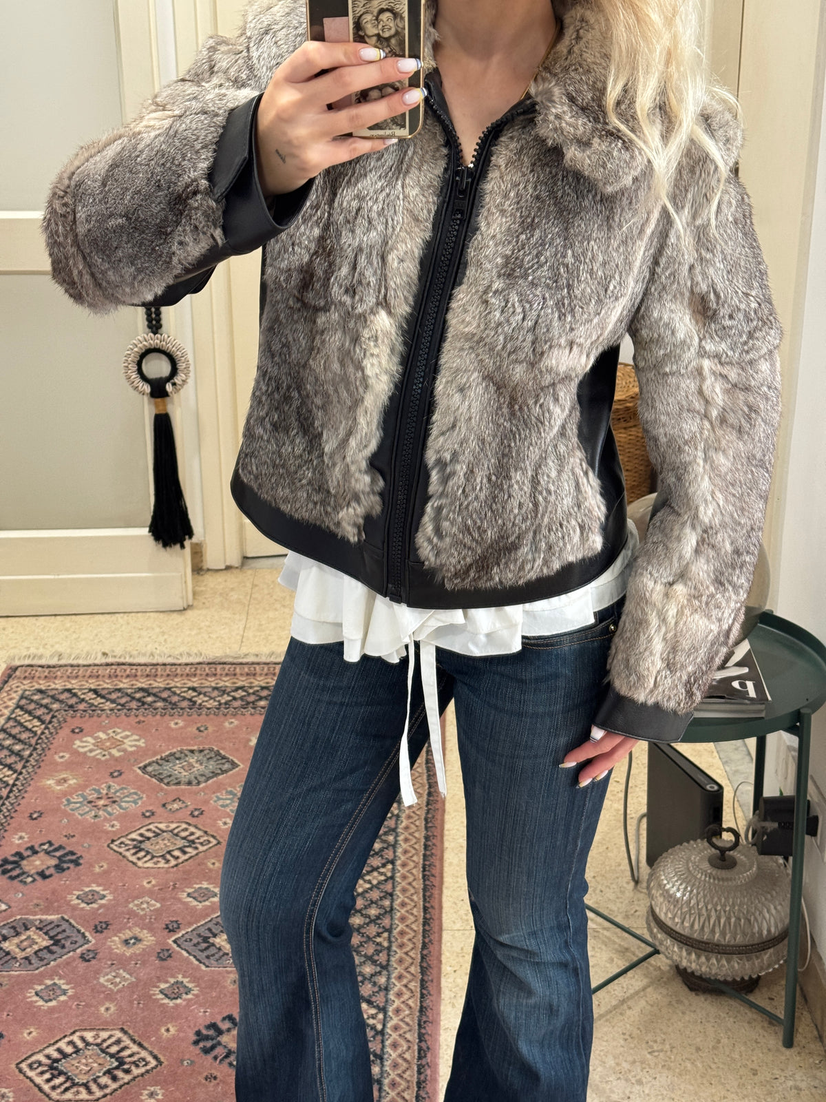 Grey Fur and Leather Bomber Jacket
