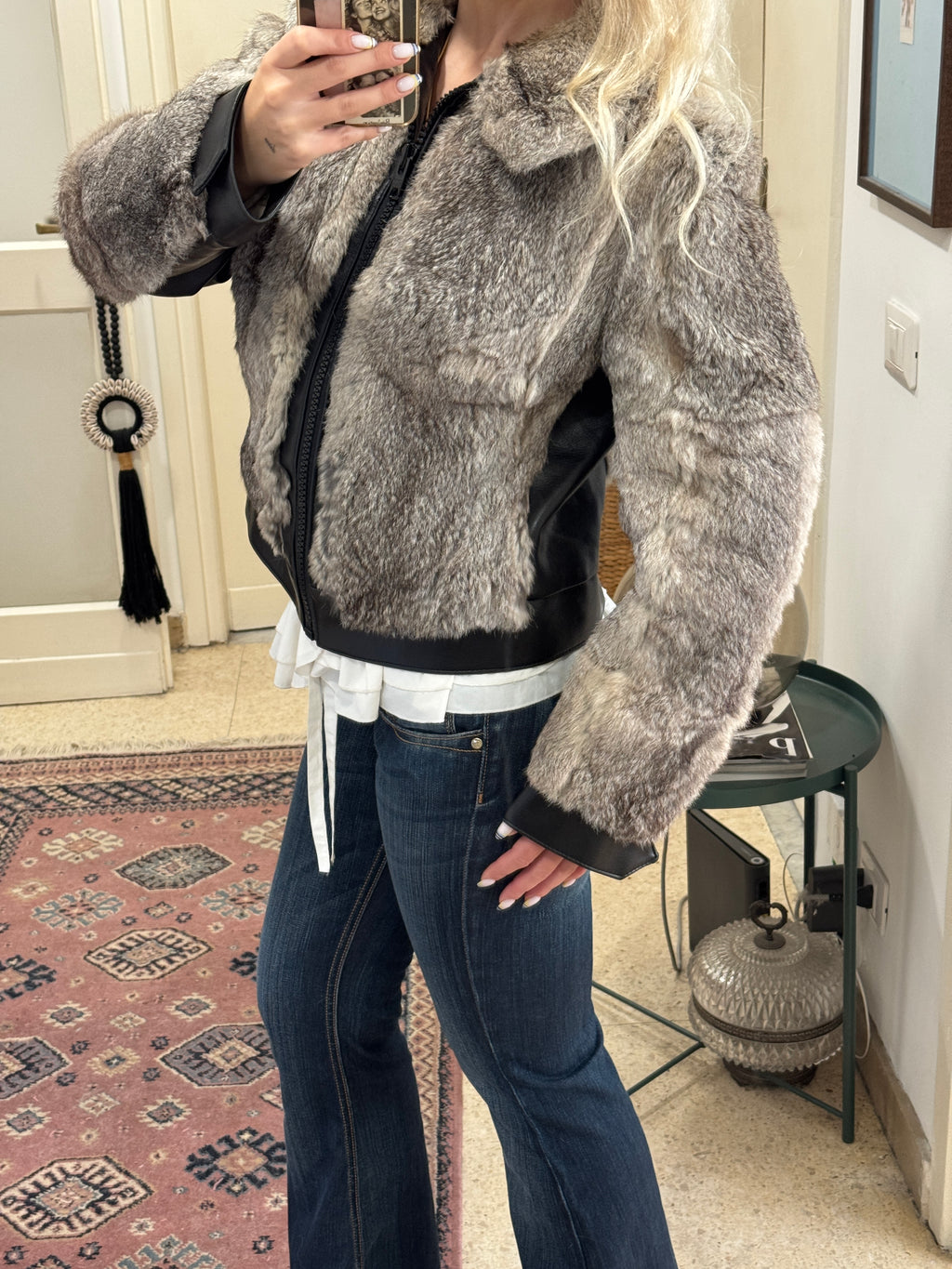 Grey Fur and Leather Bomber Jacket