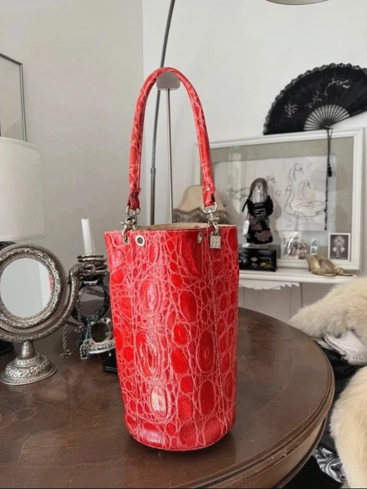 Red Leather Shoulder Bag in Croco