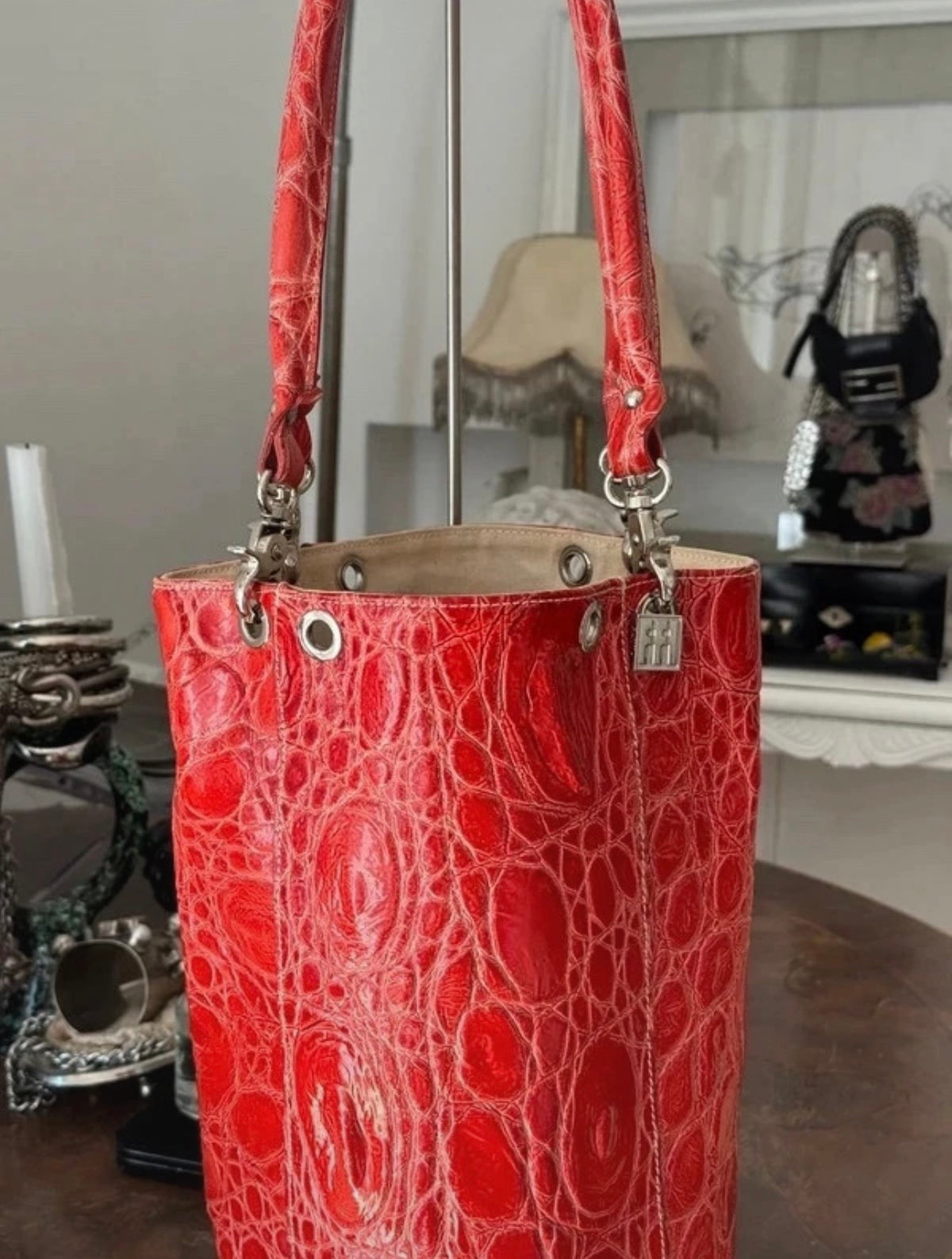 Red Leather Shoulder Bag in Croco
