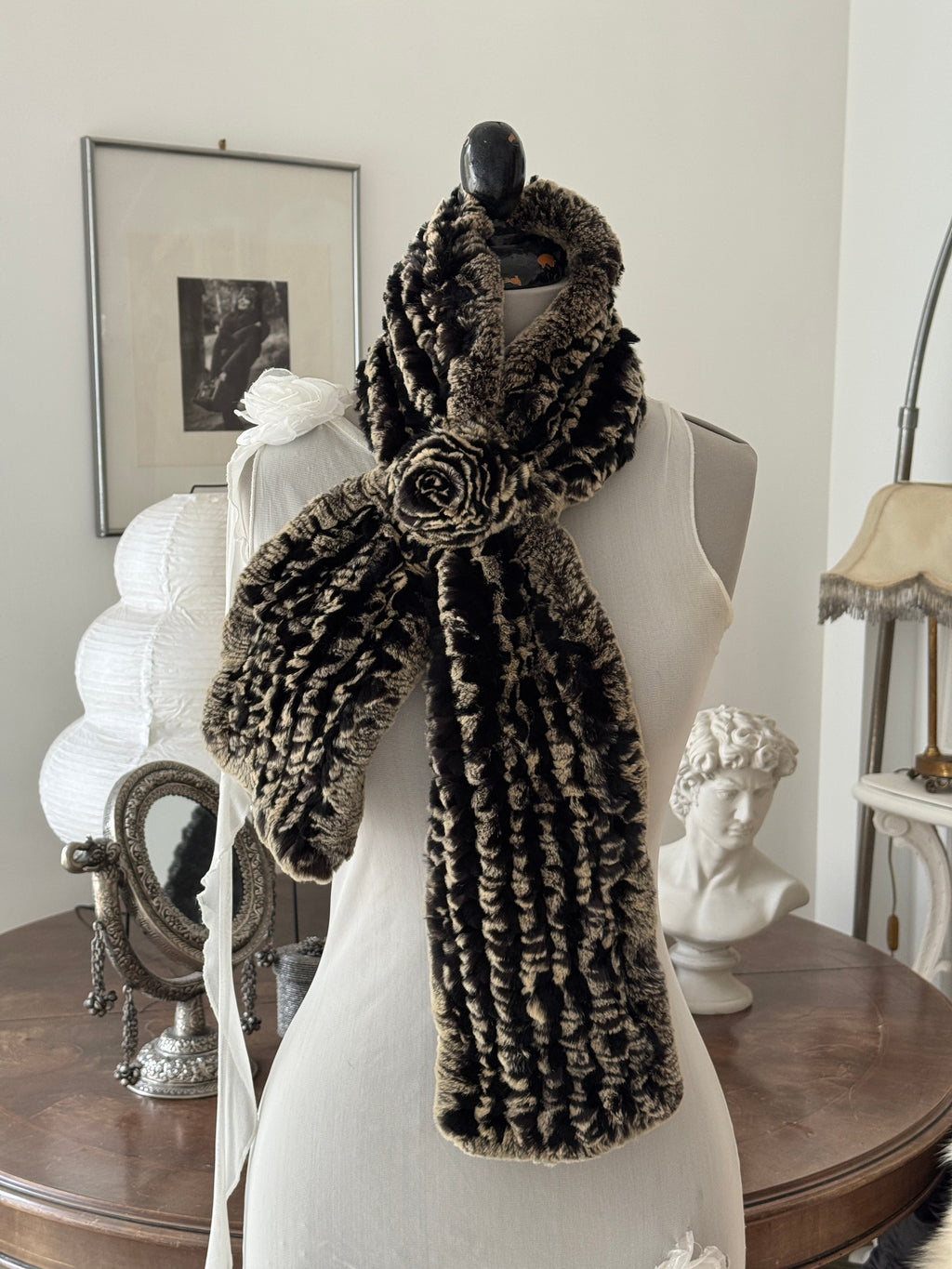 Black Beige Real Fur Scarf