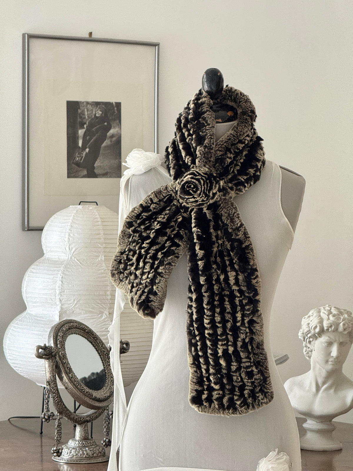 Black Beige Real Fur Scarf