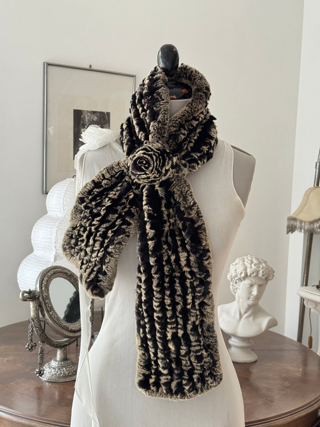 Black Beige Real Fur Scarf