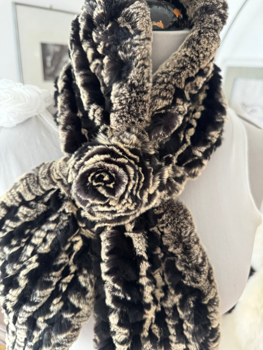 Black Beige Real Fur Scarf