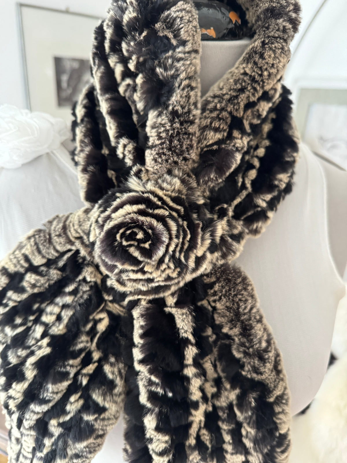 Black Beige Real Fur Scarf