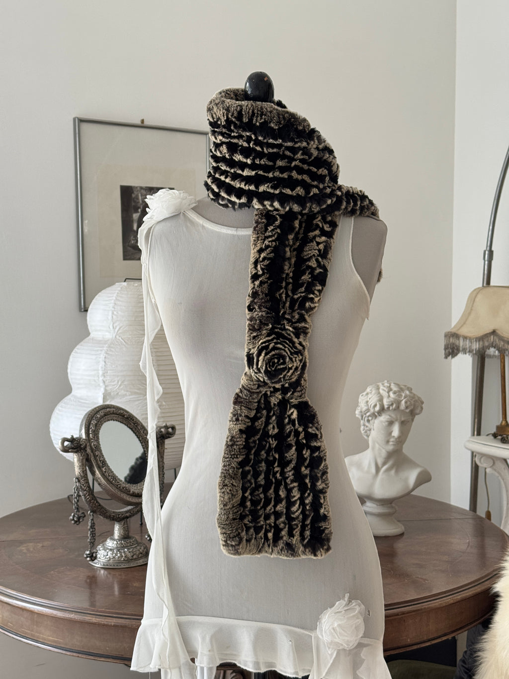 Black Beige Real Fur Scarf