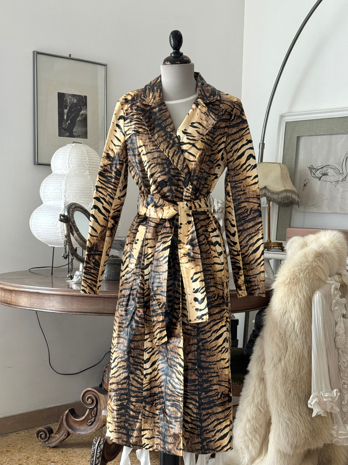 Long Tiger Print Trenchcoat