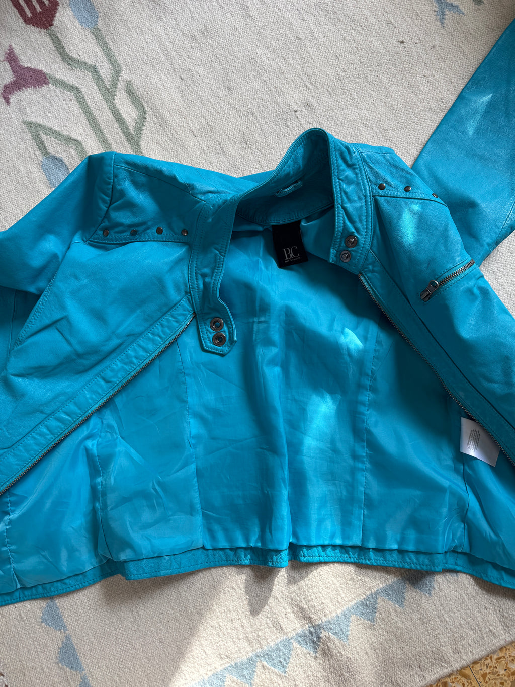 Turquoise Leather Jacket with Metallic Studs
