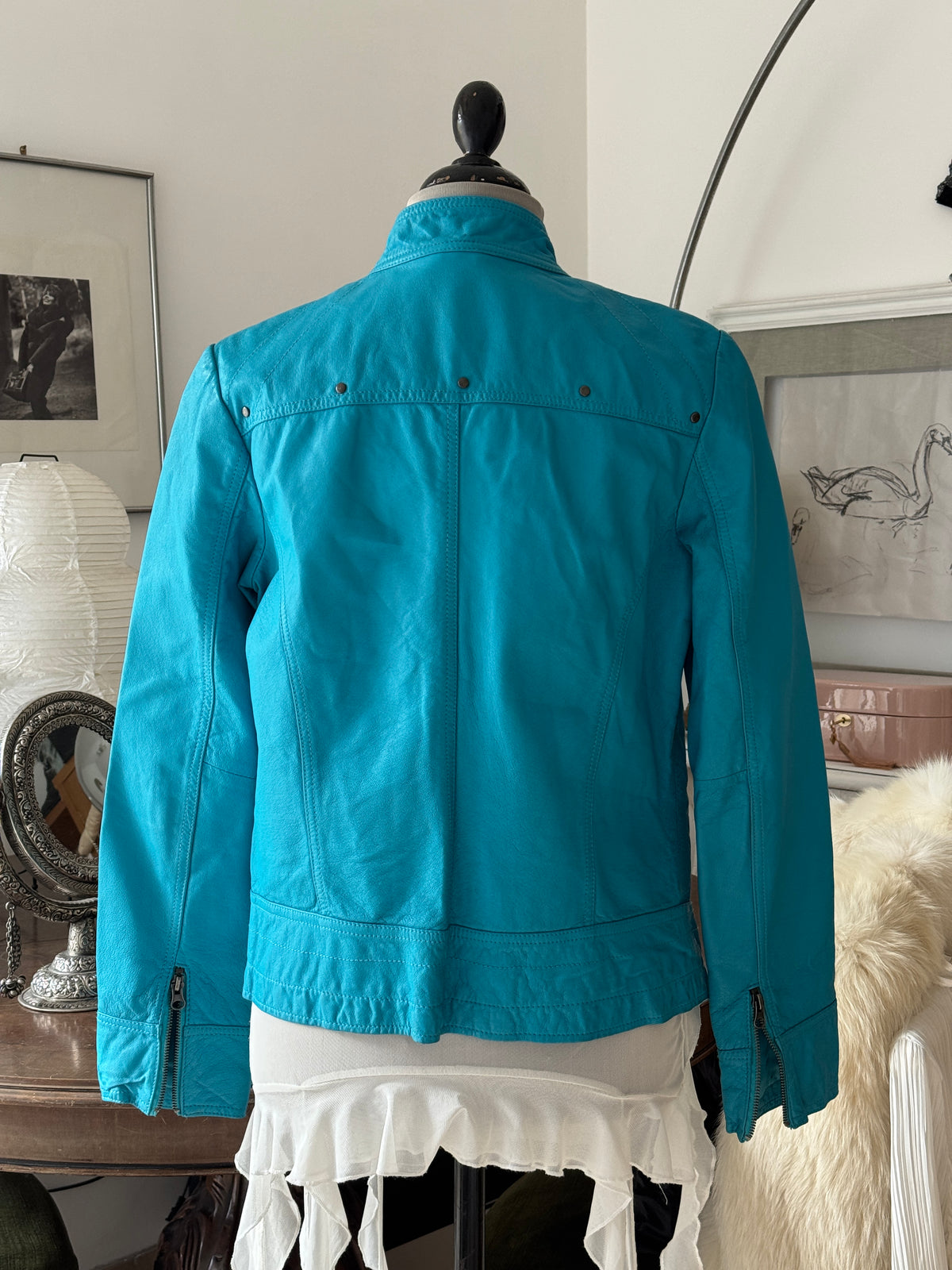 Turquoise Leather Jacket with Metallic Studs