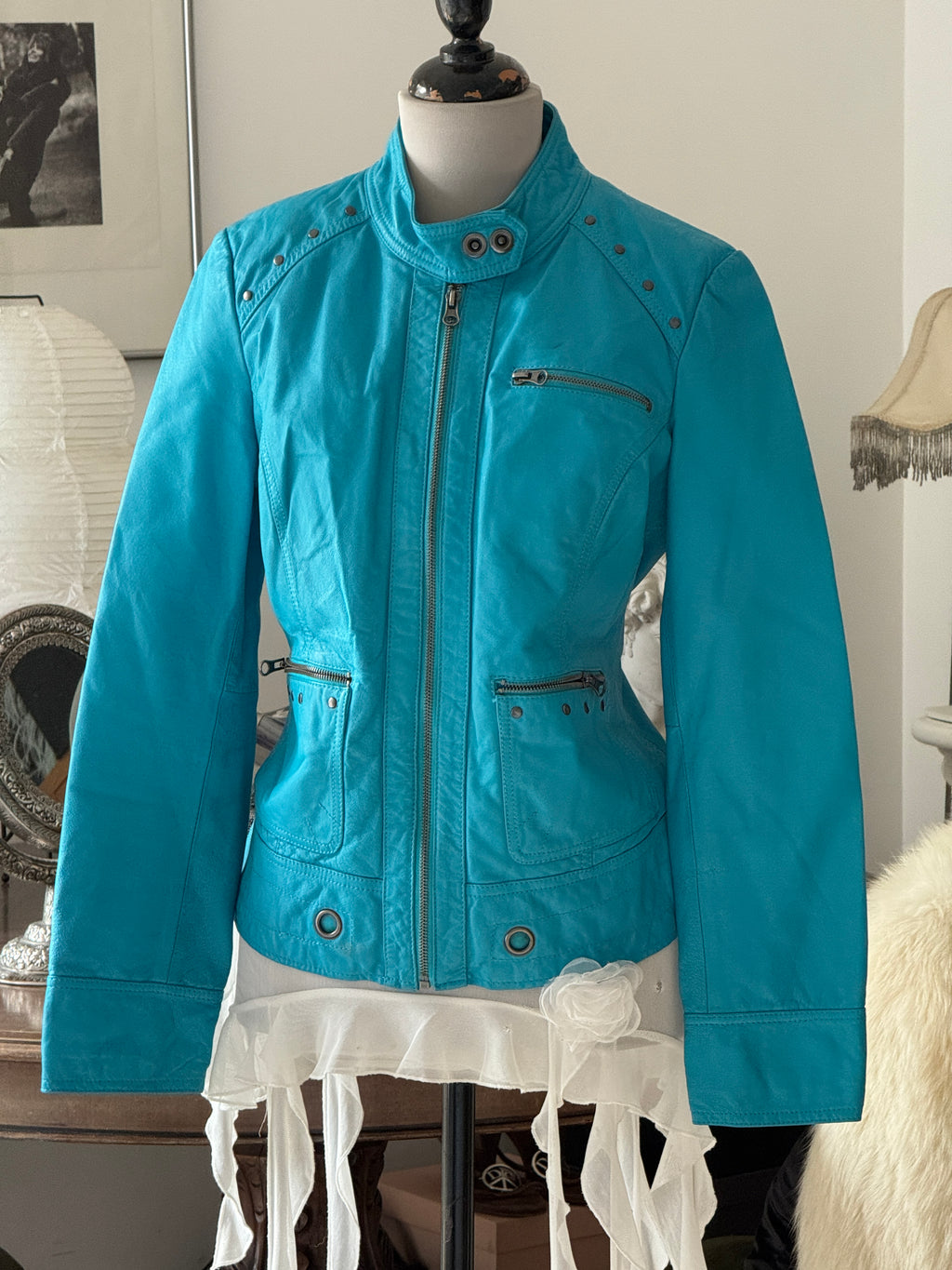 Turquoise Leather Jacket with Metallic Studs