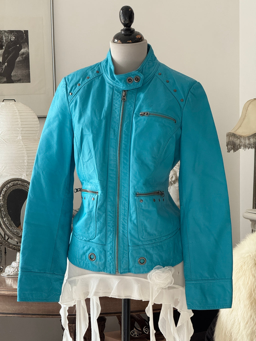 Turquoise Leather Jacket with Metallic Studs
