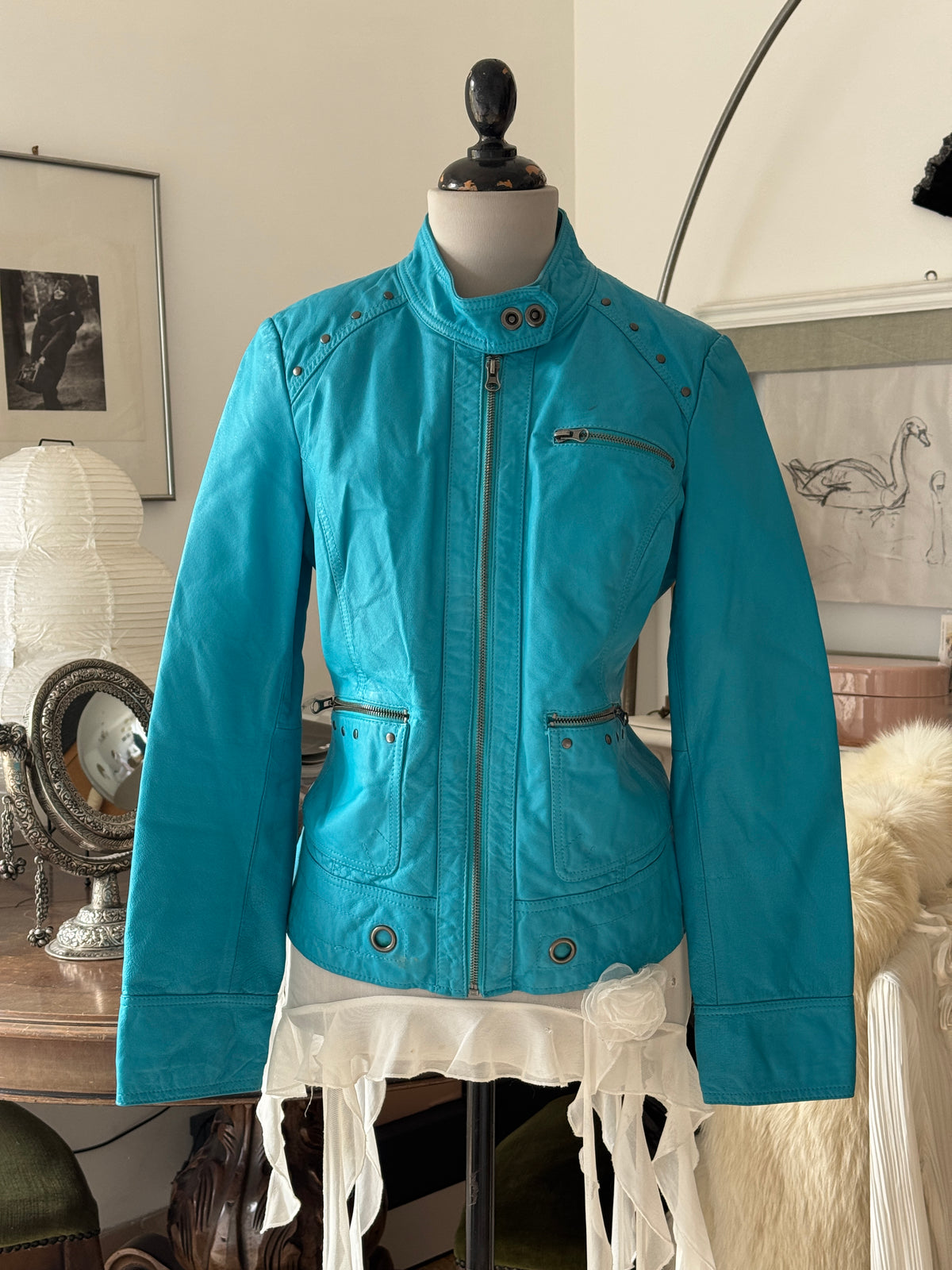 Turquoise Leather Jacket with Metallic Studs