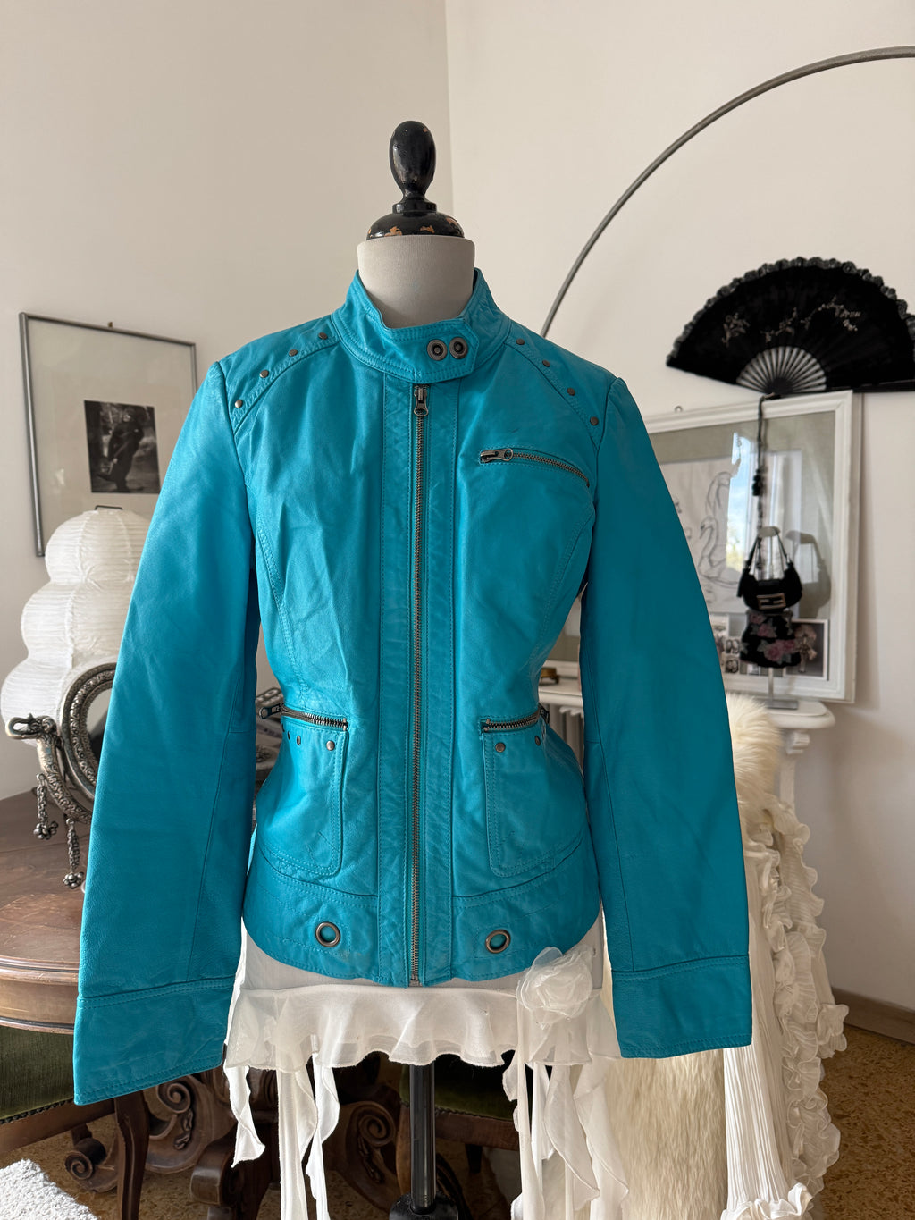 Turquoise Leather Jacket with Metallic Studs