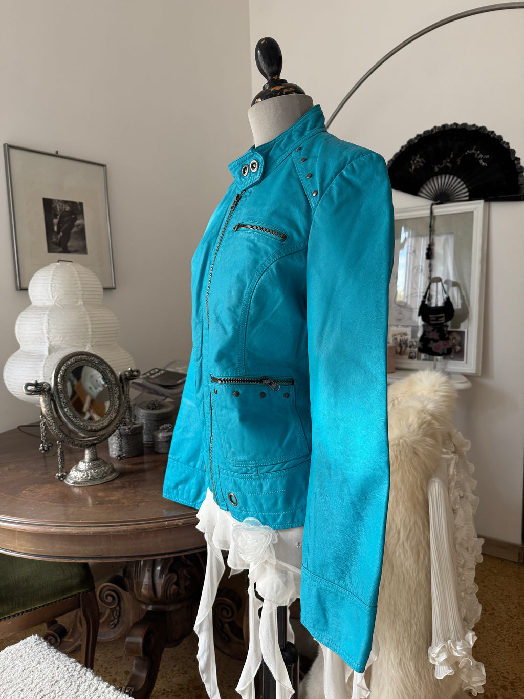 Turquoise Leather Jacket with Metallic Studs