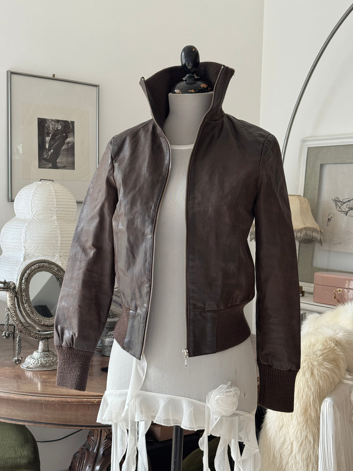 Brown Leather Bomber Jacket