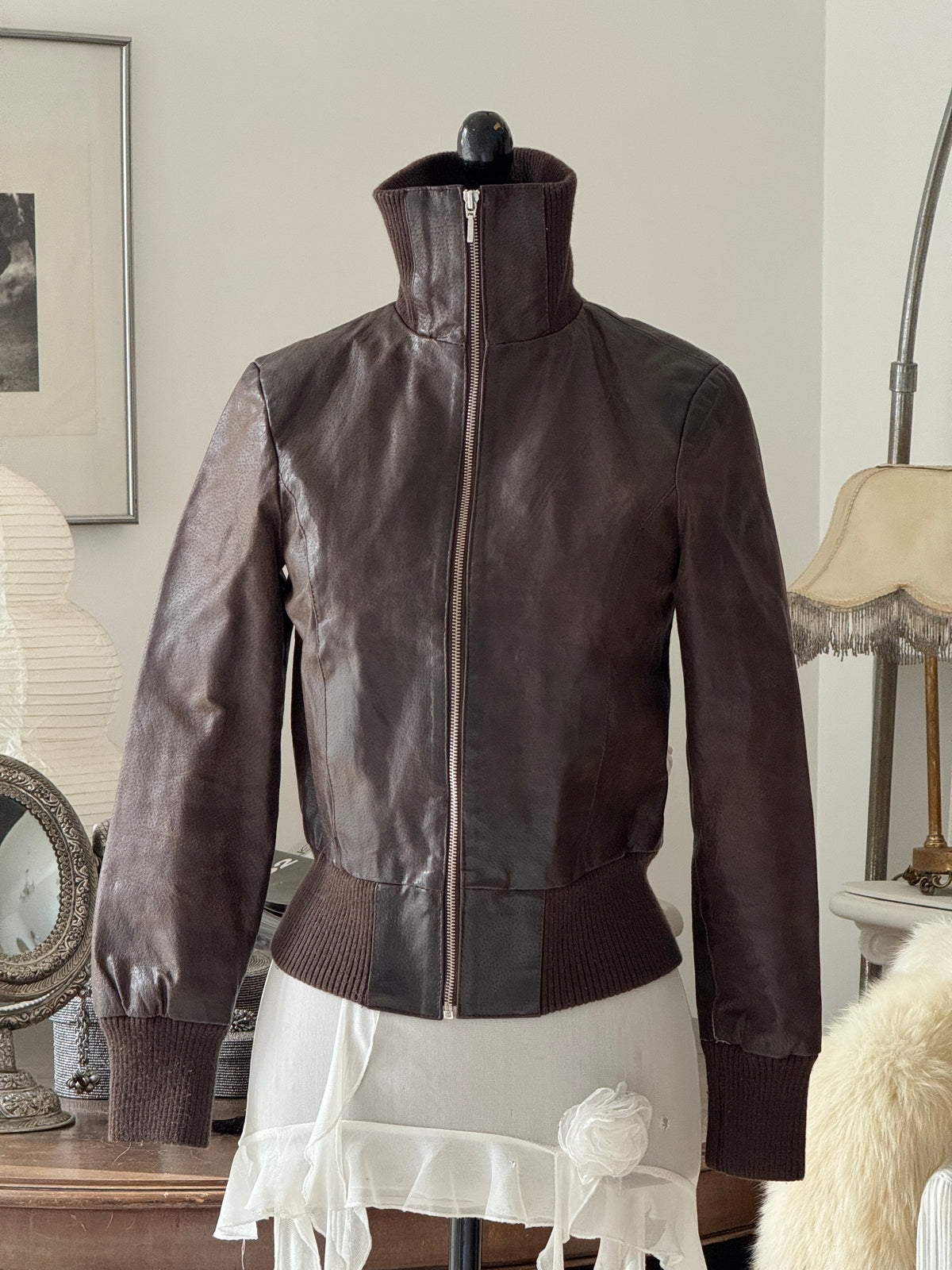 Brown Leather Bomber Jacket