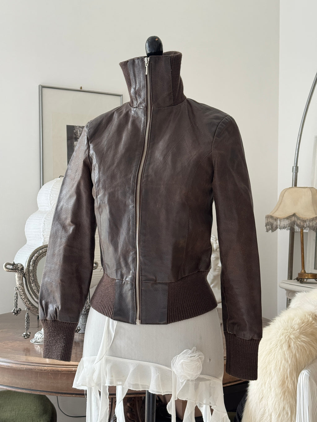Brown Leather Bomber Jacket