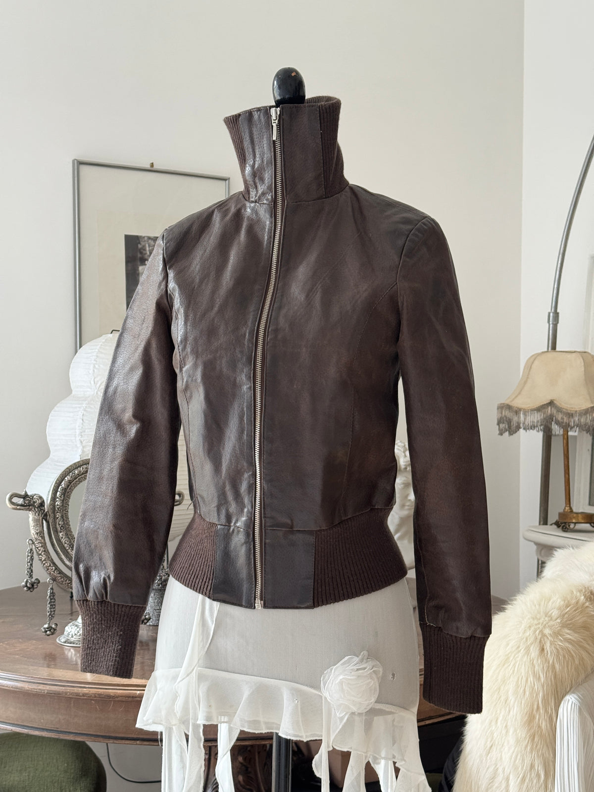 Brown Leather Bomber Jacket