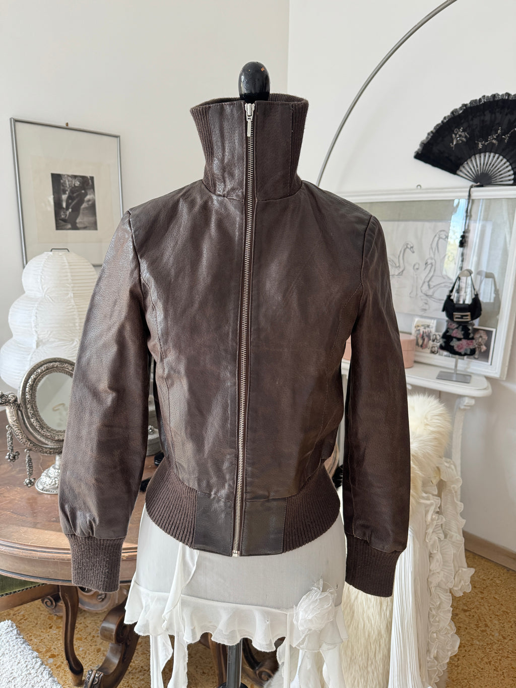 Brown Leather Bomber Jacket