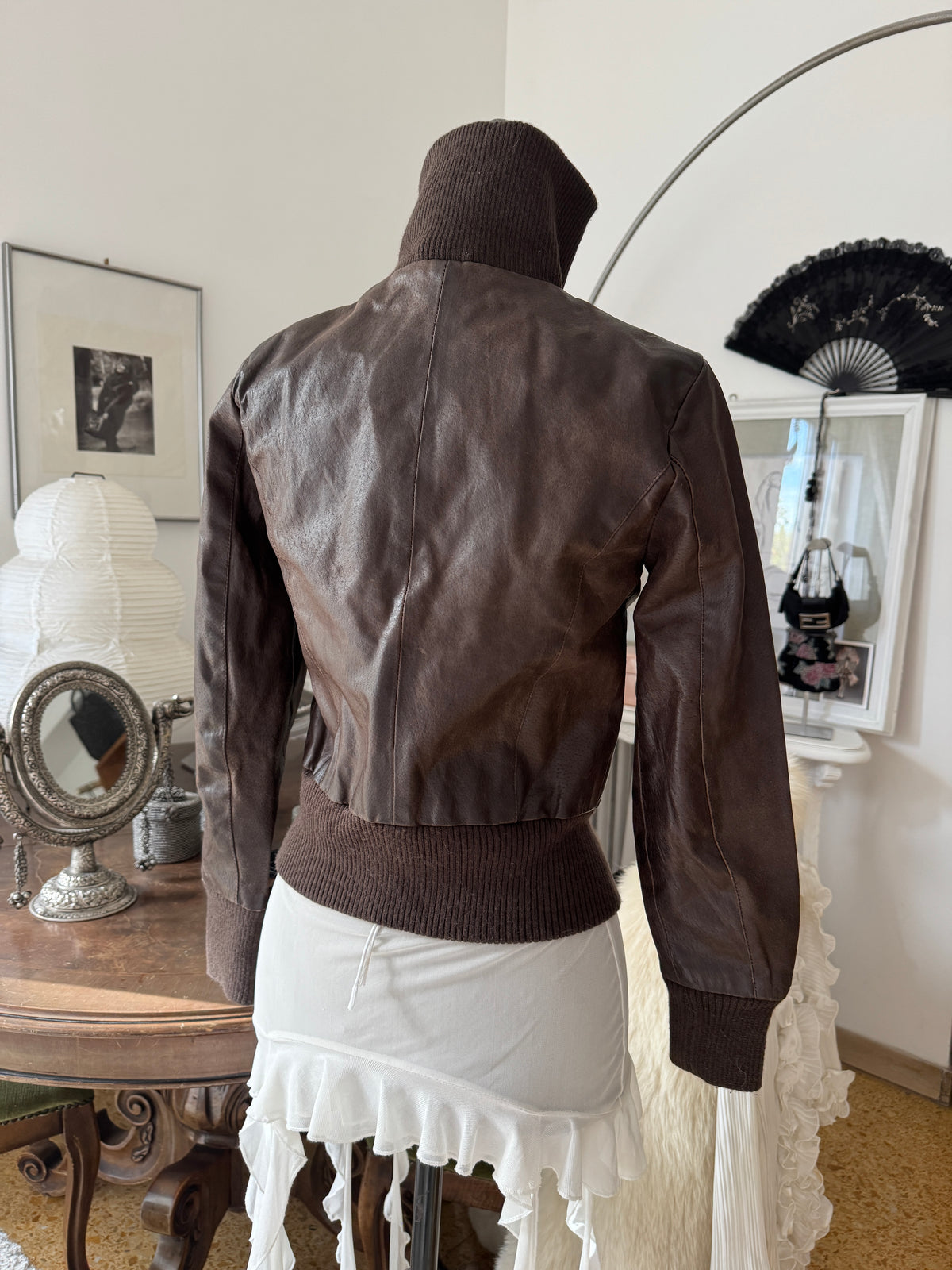 Brown Leather Bomber Jacket