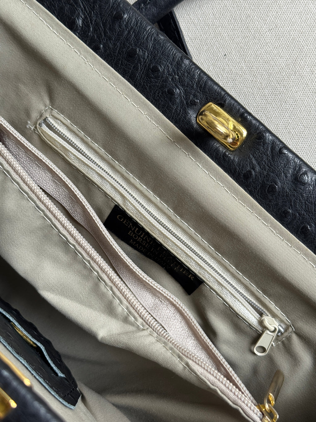 Black Ostrich Leather Bag with Golden Details